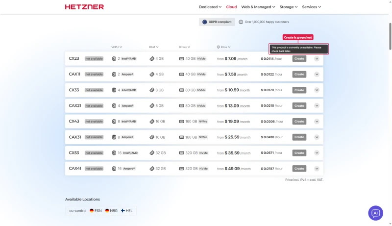 Hetzner Cost-Optimized table: every row marked not available, Create greyed, tooltip says check back later