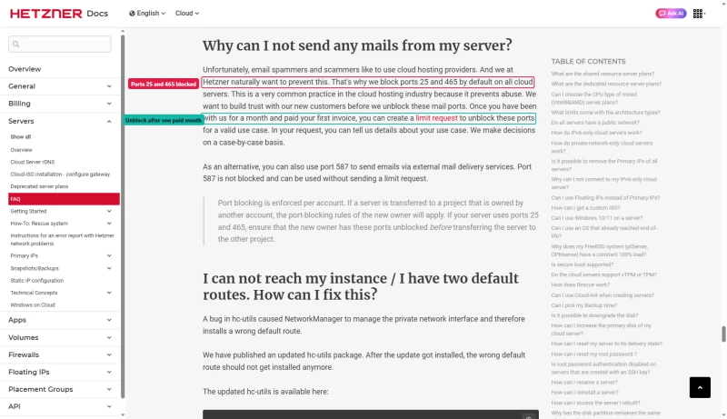 Hetzner FAQ: ports 25 and 465 blocked by default on cloud servers, unblocked by request after the first paid invoice