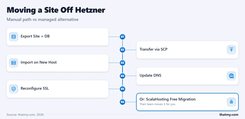 Hetzner migration paths: manual export, SCP transfer, import, DNS and SSL; or use ScalaHosting's free migration