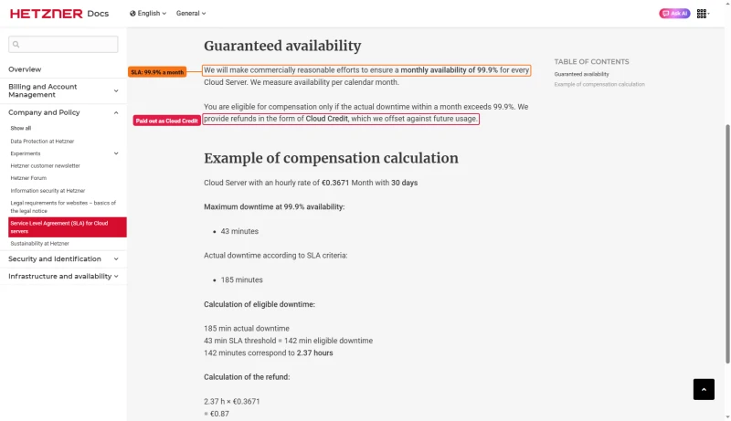 Hetzner cloud SLA: commercially reasonable efforts for 99.9% monthly availability, refunds as Cloud Credit