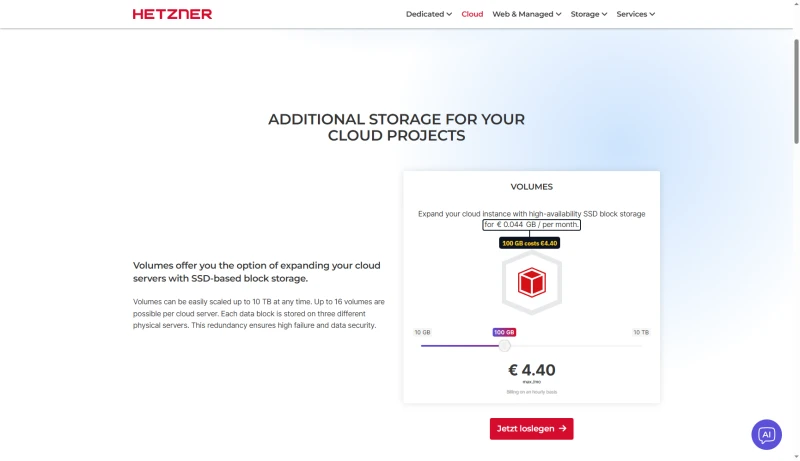 Hetzner Volumes card: block storage for €0.044 per GB a month, 100 GB costs €4.40