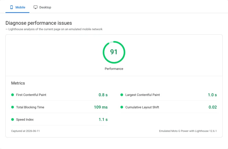 Hetzner VPS PageSpeed Insights scores, CPX31 plan (our test)