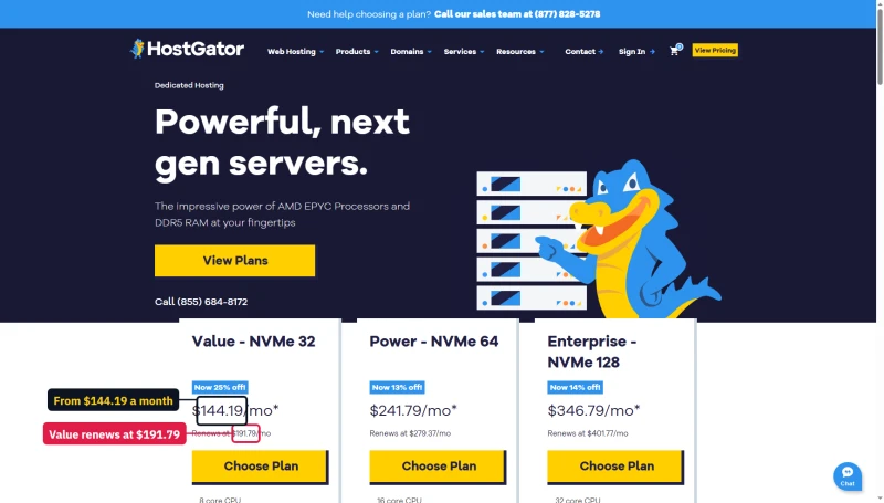 HostGator dedicated cards: Value $144.19 renews $191.79, Power $241.79, Enterprise $346.79 a month