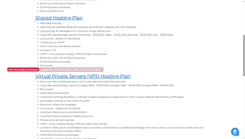 HostGator comparison help article: shared hosting with Cloudflare CDN for Baby and Business plan only