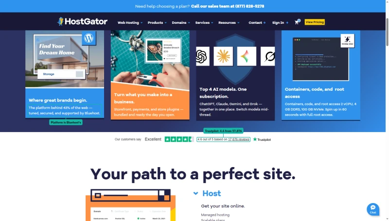 HostGator homepage WordPress card: platform tuned, secured, and supported by Bluehost; Trustpilot strip 4.6 from 17,876