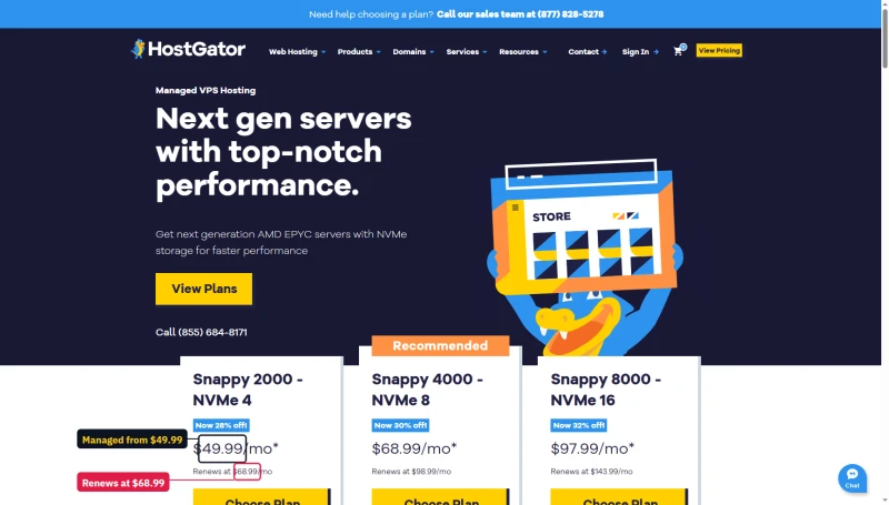 HostGator Managed VPS cards: Snappy 2000 $49.99 renews $68.99, Snappy 4000 $68.99, Snappy 8000 $97.99