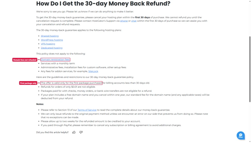 HostGator 30-day money back article: shared, WordPress, VPS, dedicated; no domain fees; first package only