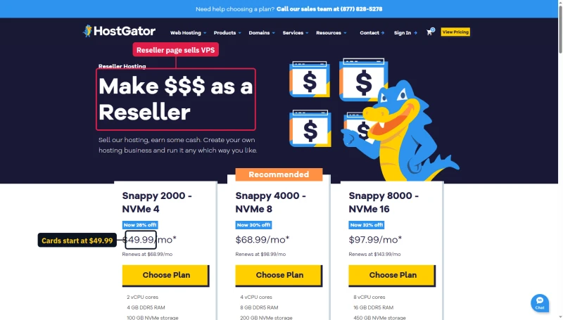 HostGator reseller page, Make $$$ as a Reseller, over Managed VPS cards from $49.99 a month