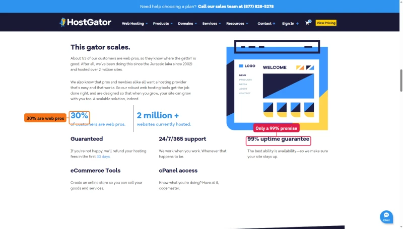 HostGator shared hosting page: 30% of customers are web pros, 2 million+ websites, 99% uptime guarantee