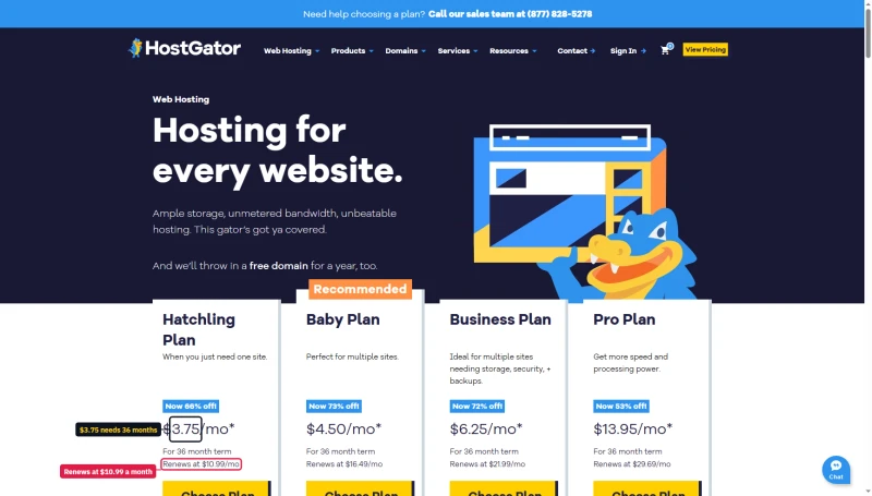 HostGator shared cards: Hatchling $3.75, Baby $4.50, Business $6.25, Pro $13.95 for a 36-month term; Hatchling renews $10.99