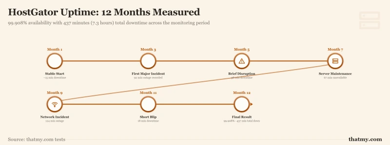 Horizontal timeline showing HostGator 12-month uptime at 99.908% with key downtime incidents marked