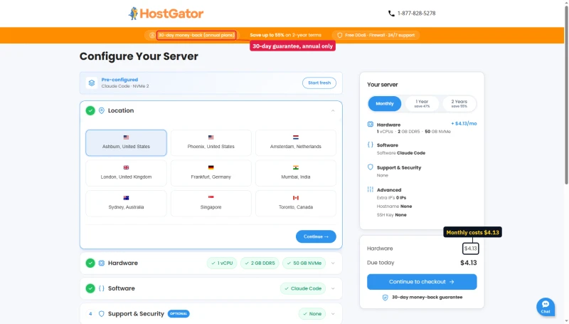 HostGator VPS configurator on Monthly: $4.13 due today, banner 30-day money-back on annual plans