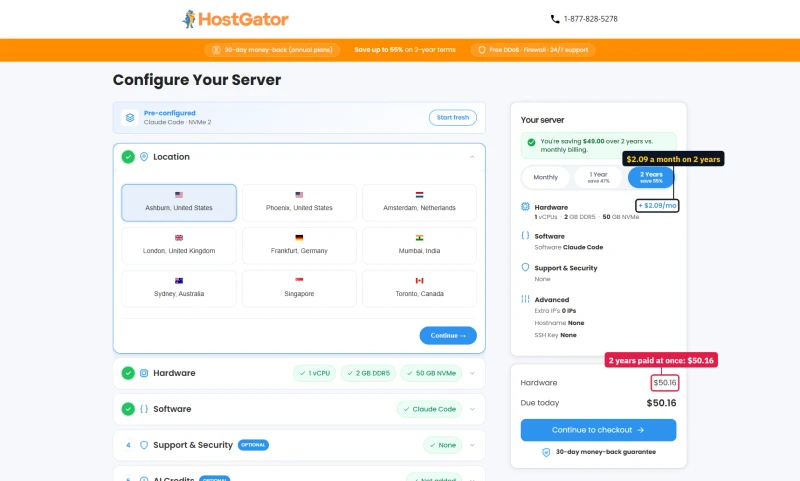 HostGator VPS configurator on 2 years: $2.09 a month, $50.16 due today, nine locations, Claude Code pre-selected