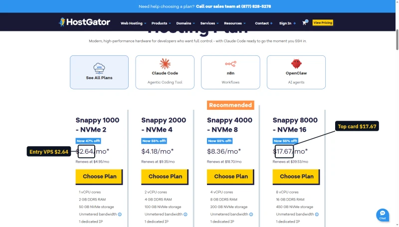 HostGator VPS cards: Snappy 1000 $2.64, Snappy 2000 $4.18, Snappy 4000 $8.36, Snappy 8000 $17.67 a month