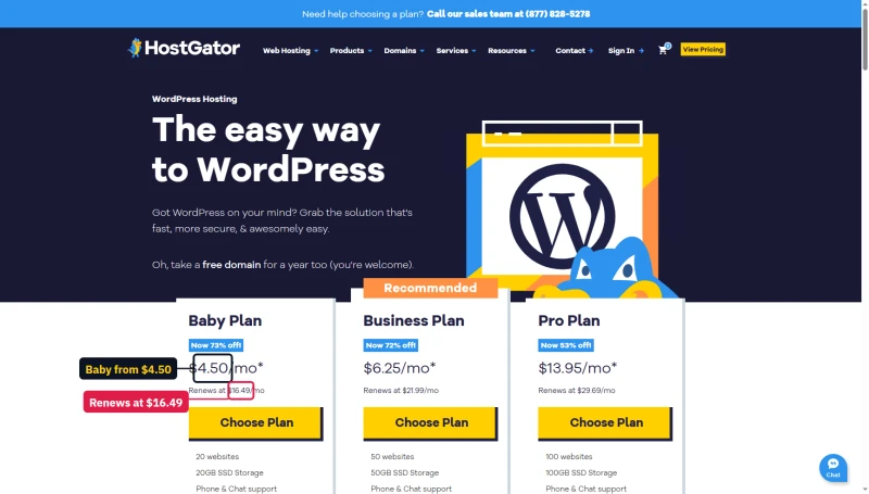 HostGator WordPress hosting cards: Baby $4.50 renews $16.49, Business $6.25, Pro $13.95, the shared prices