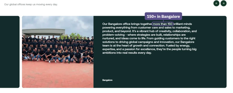 hosting.com About page office card: Bangalore, more than 150 people