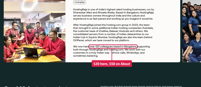 hosting.com acquisitions page on HostingRaja: over 120 colleagues in Bangalore