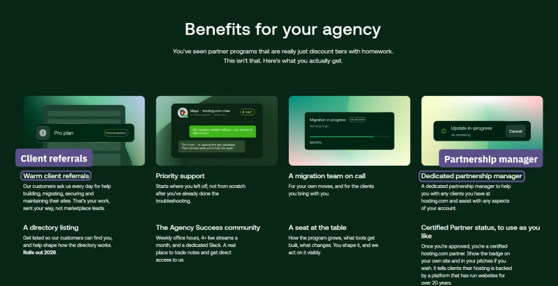 hosting.com agency partner programme benefits: client referrals and a partnership manager