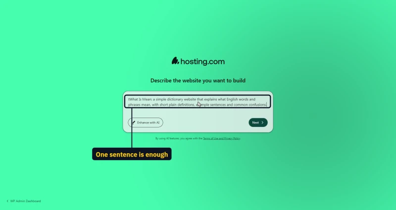 hosting.com AI site builder with a one-sentence description of a dictionary website typed in