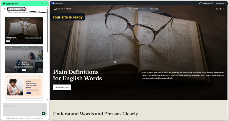 hosting.com AI site builder result: a finished homepage for the dictionary site, built in about 80 seconds