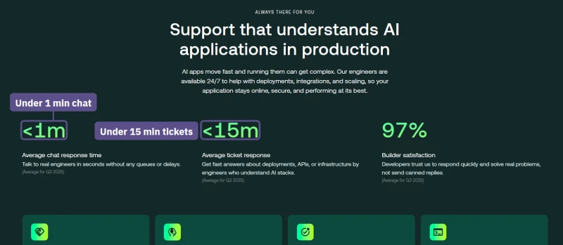 hosting.com AI hosting page support counters: under 1 minute chat and under 15 minutes ticket response, Q3 2025