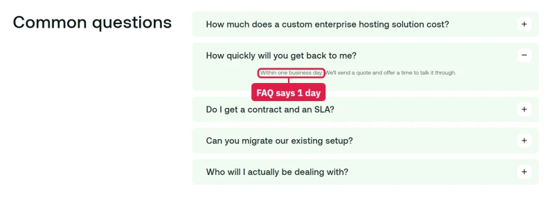 hosting.com bespoke solutions FAQ: a quote within one business day