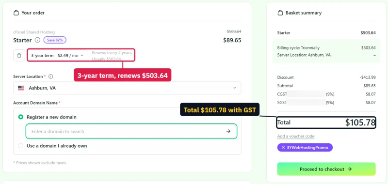 hosting.com checkout basket for cPanel Starter on a 3-year term: $2.49 a month, $89.65 today, renews every 3 years at $503.64