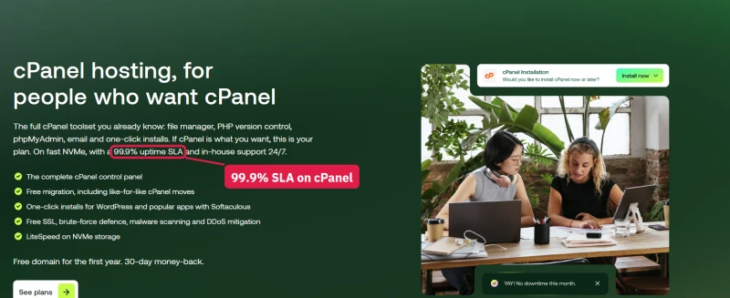 hosting.com cPanel hosting page hero promising a 99.9% uptime SLA