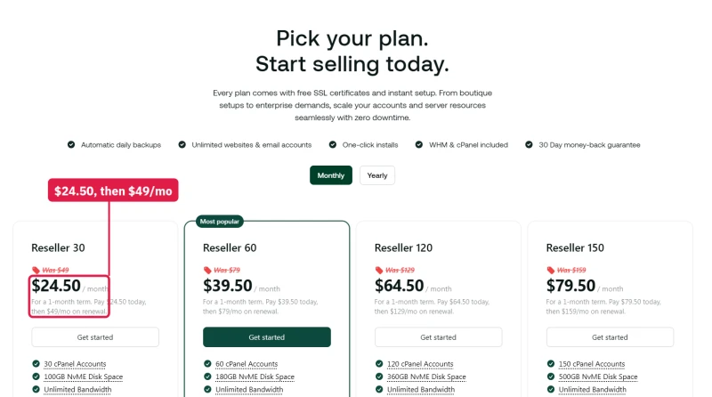 hosting.com cPanel reseller cards: first month 50% off at $24.50, then $49 a month