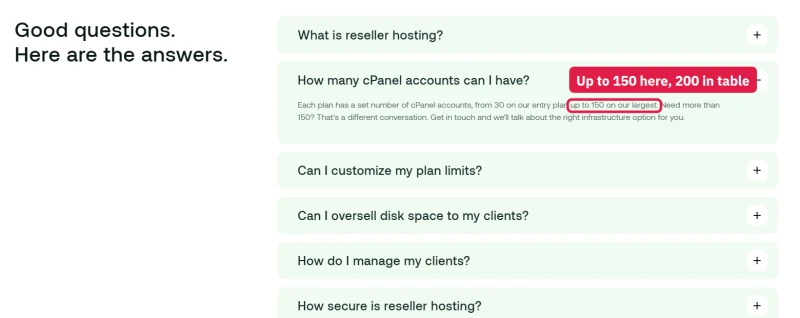 hosting.com cPanel reseller FAQ: from 30 accounts on the entry plan up to 150 on the largest