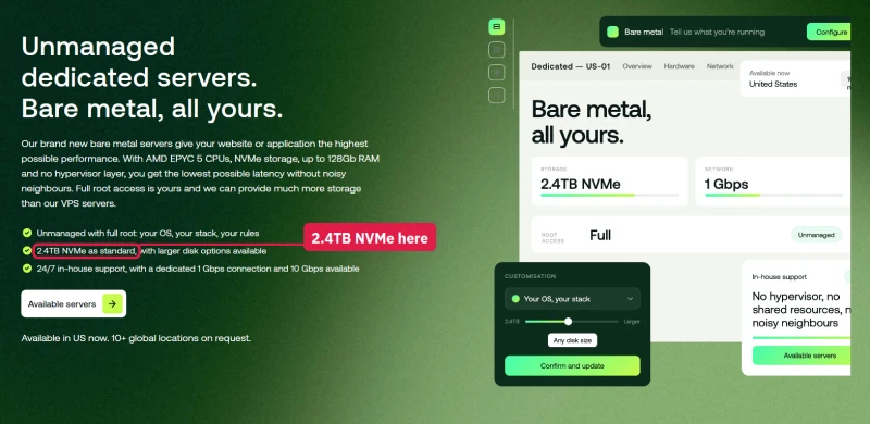 hosting.com dedicated servers page: 2.4TB NVMe as standard
