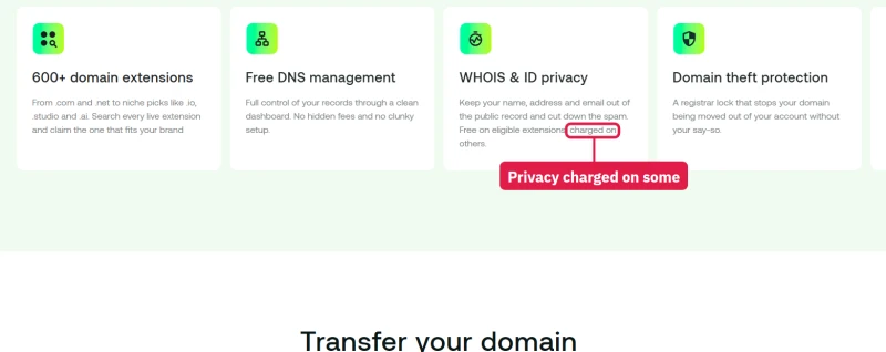hosting.com domains page: WHOIS privacy free on eligible extensions, charged on others