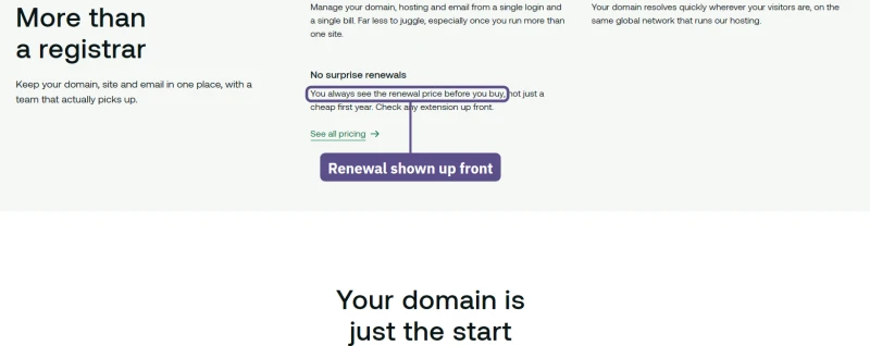 hosting.com domains page: no surprise renewals, you always see the renewal price before you buy