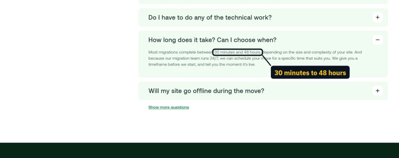 hosting.com migration FAQ: a move typically takes between 30 minutes and 48 hours