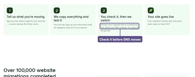 hosting.com free migration steps: you check the moved site before the DNS changes