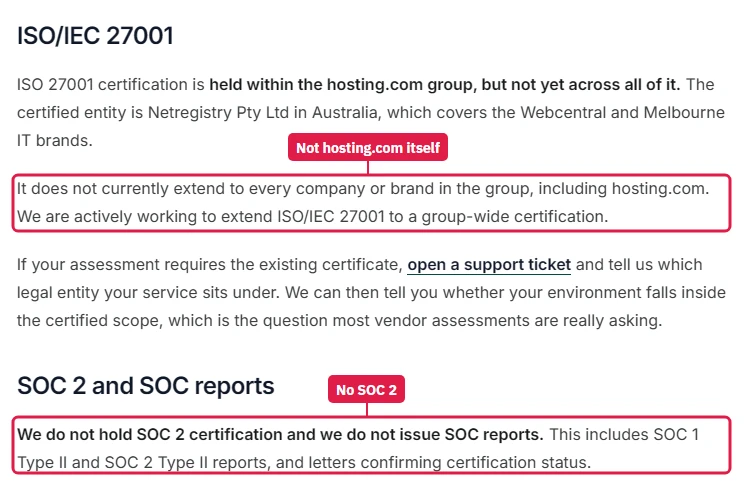 hosting.com knowledge base: ISO 27001 held by Netregistry, not hosting.com, and no SOC 2 certification