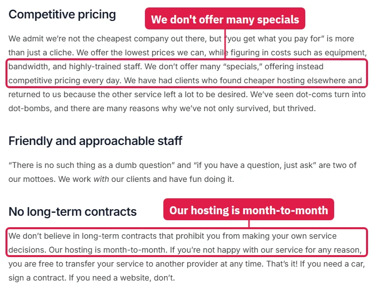 hosting.com knowledge base: few specials, competitive pricing every day, no long-term contracts, hosting is month-to-month