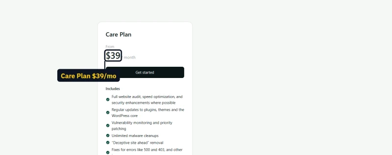 hosting.com WordPress Care Plan card at $39 a month
