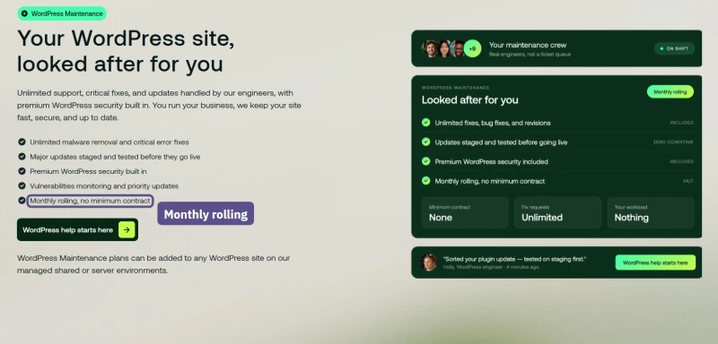 hosting.com WordPress maintenance page: monthly rolling, no minimum contract