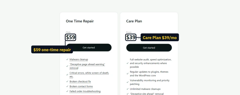 hosting.com WordPress repair cards: One Time Repair $59 and the Care Plan at $39 a month