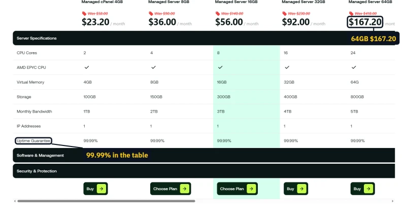 hosting.com managed cPanel server spec table: 99.99% uptime on every size, 64GB at $167.20 a month
