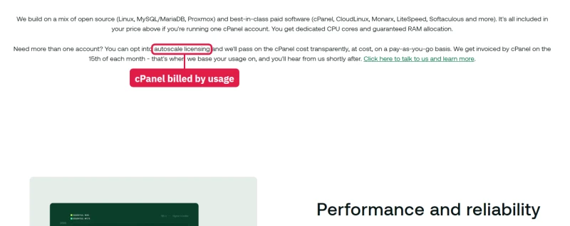 hosting.com managed cPanel servers: extra cPanel accounts billed by usage through autoscale licensing