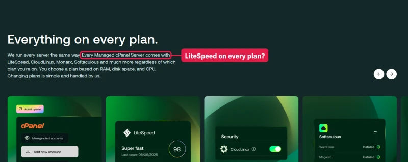 hosting.com managed cPanel server page: every Managed cPanel Server comes with LiteSpeed