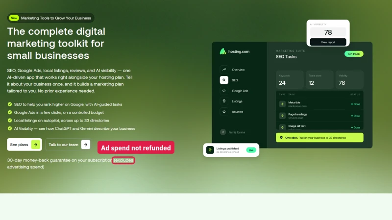 hosting.com Marketing Suite FAQ: the money-back guarantee does not cover ad spend