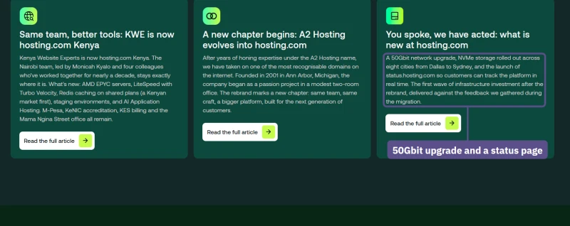 hosting.com newsroom: a 50Gbit network upgrade, NVMe in more cities and a new public status page