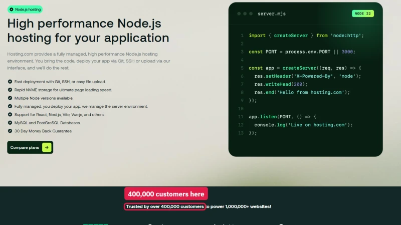 hosting.com Node.js page trust line: 400,000 customers and 1,000,000+ websites