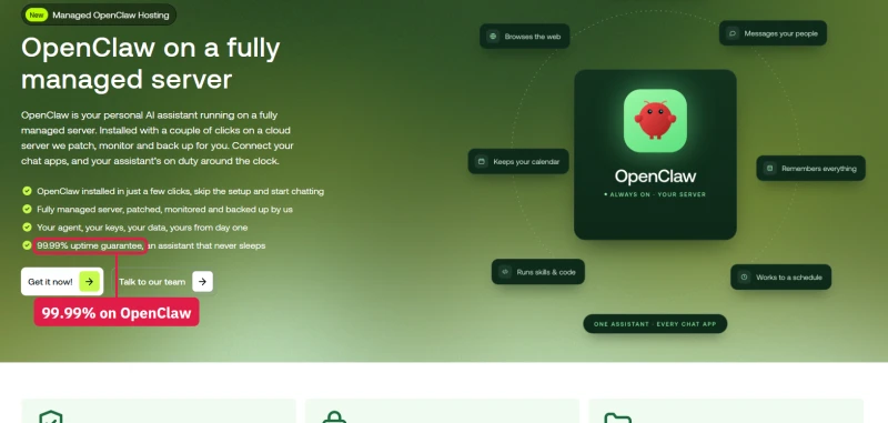 hosting.com OpenClaw hosting hero: 99.99% uptime guarantee and your own AI model keys