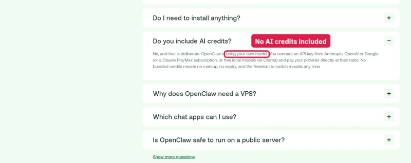 hosting.com OpenClaw FAQ: no AI credits included, you pay your model provider directly