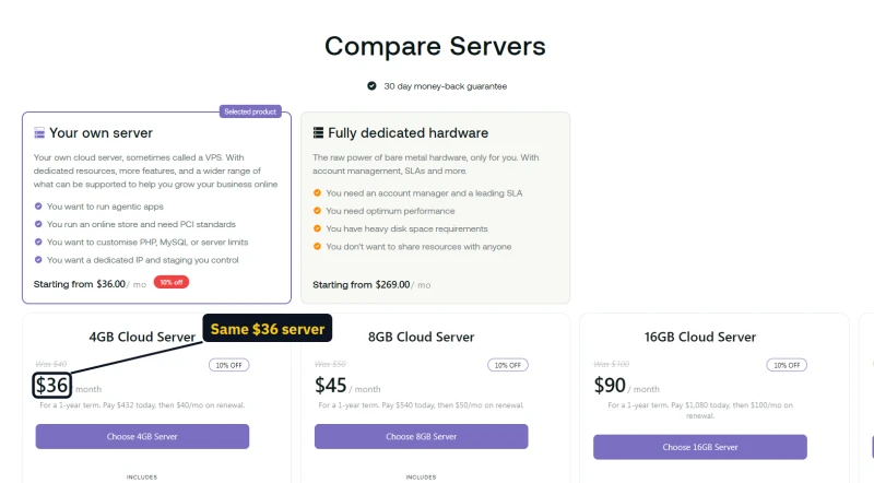 hosting.com OpenClaw server cards: the managed cloud servers from $36 a month with OpenClaw pre-installed