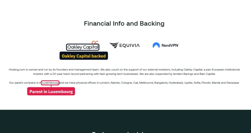 hosting.com acquisitions page: owned by founders and management with Oakley Capital, parent company in Luxembourg